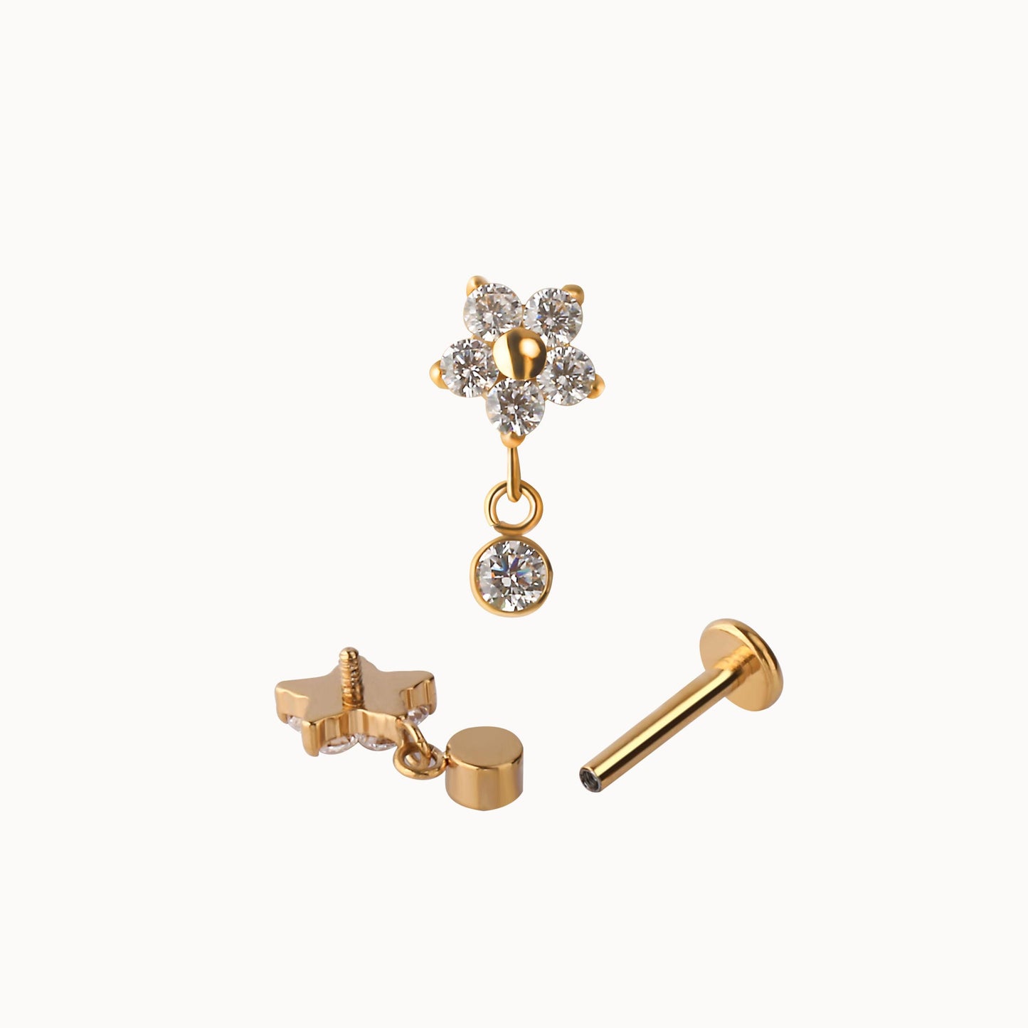 16G G23 Titanium flower Dangle Internally Threaded Labret • tragus stud • conch earrings • cartilage helix stud • flat back labret stud