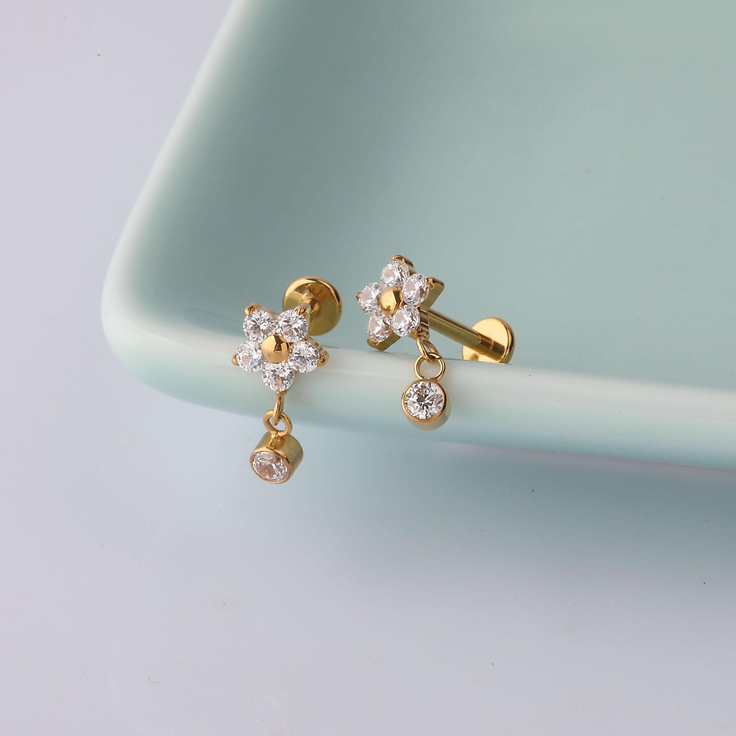 16G G23 Titanium flower Dangle Internally Threaded Labret • tragus stud • conch earrings • cartilage helix stud • flat back labret stud