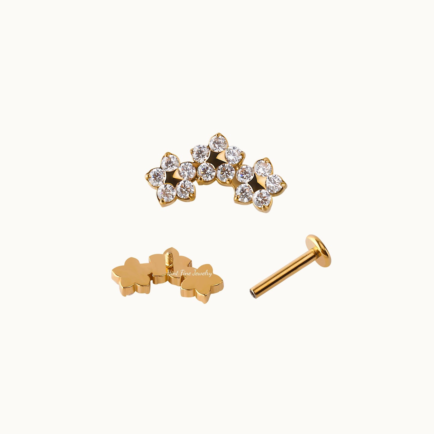 16G G23 Titanium Trio Flower Climber Internally Threaded Labret • tragus stud • conch earrings • cartilage helix stud •flat back labret stud