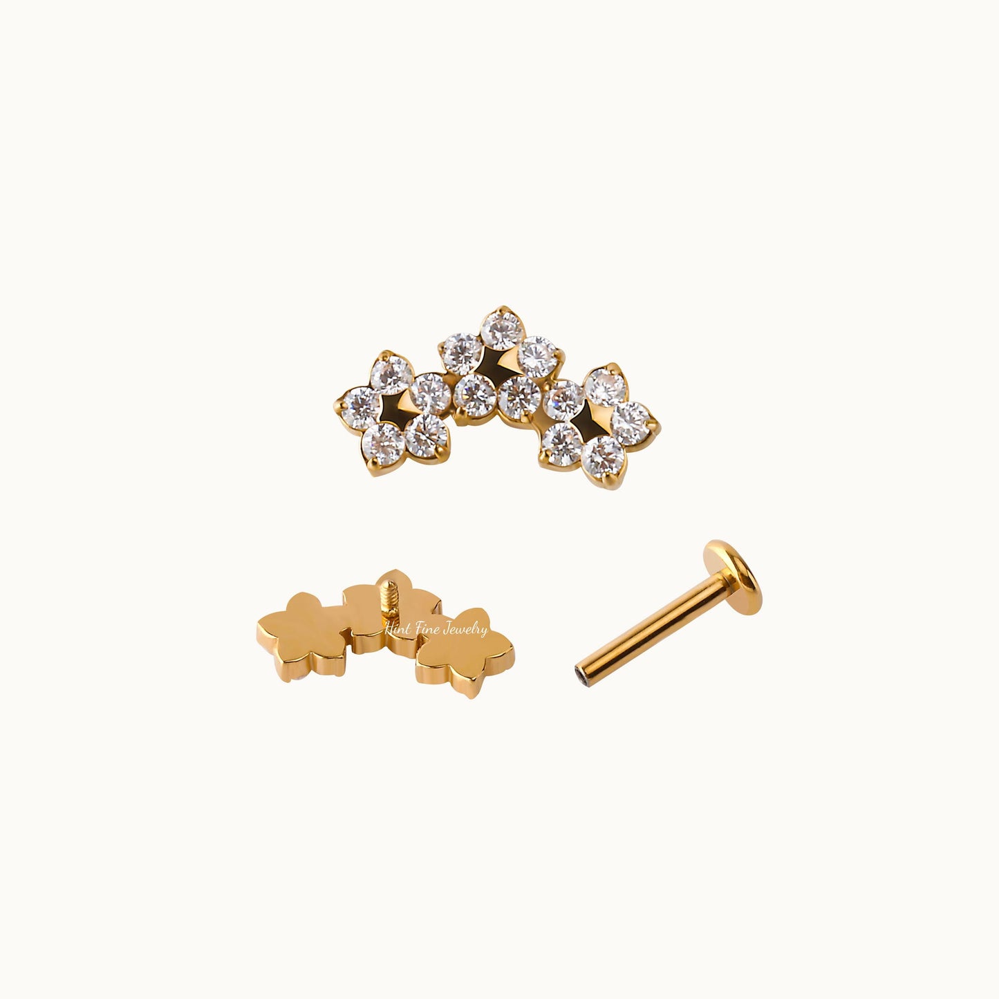16G G23 Titanium Trio Flower Climber Internally Threaded Labret • tragus stud • conch earrings • cartilage helix stud •flat back labret stud