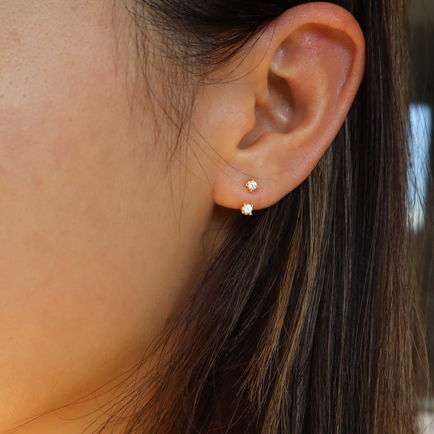 WaterProof-18k Gold/sterling silver Double Stud Front Back Earrings, Ear Jacket, flat back Studs, cartilage helix stud