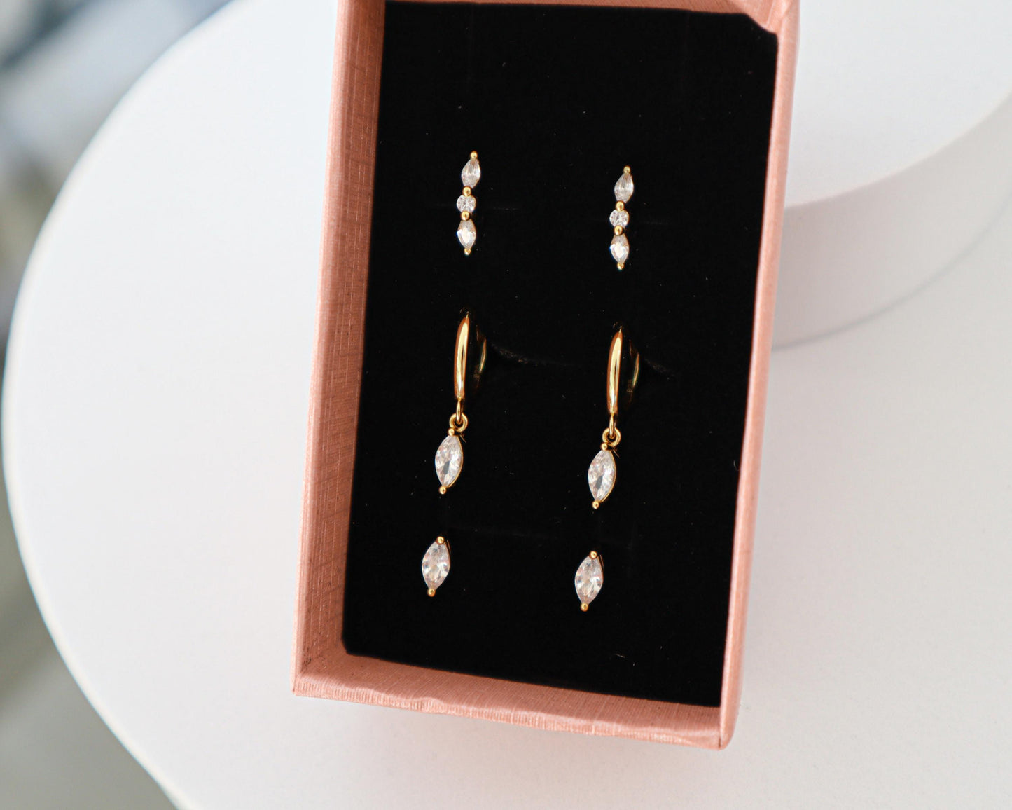 WaterProof-Dainty Marquise Dangle earring set, everyday earring stack, sterling silver earring set, gift for her