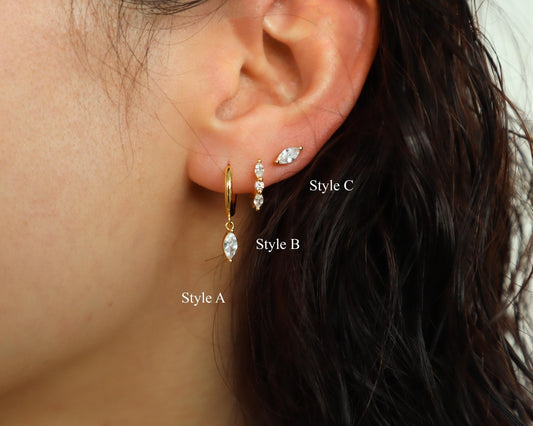 WaterProof-Dainty Marquise Dangle earring set, everyday earring stack, sterling silver earring set, gift for her