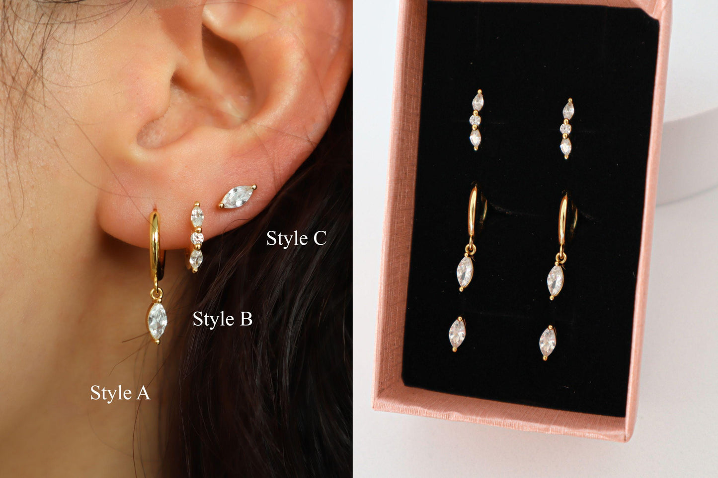 WaterProof-Dainty Marquise Dangle earring set, everyday earring stack, sterling silver earring set, gift for her