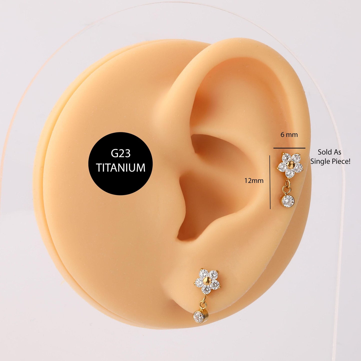 16G G23 Titanium flower Dangle Internally Threaded Labret • tragus stud • conch earrings • cartilage helix stud • flat back labret stud