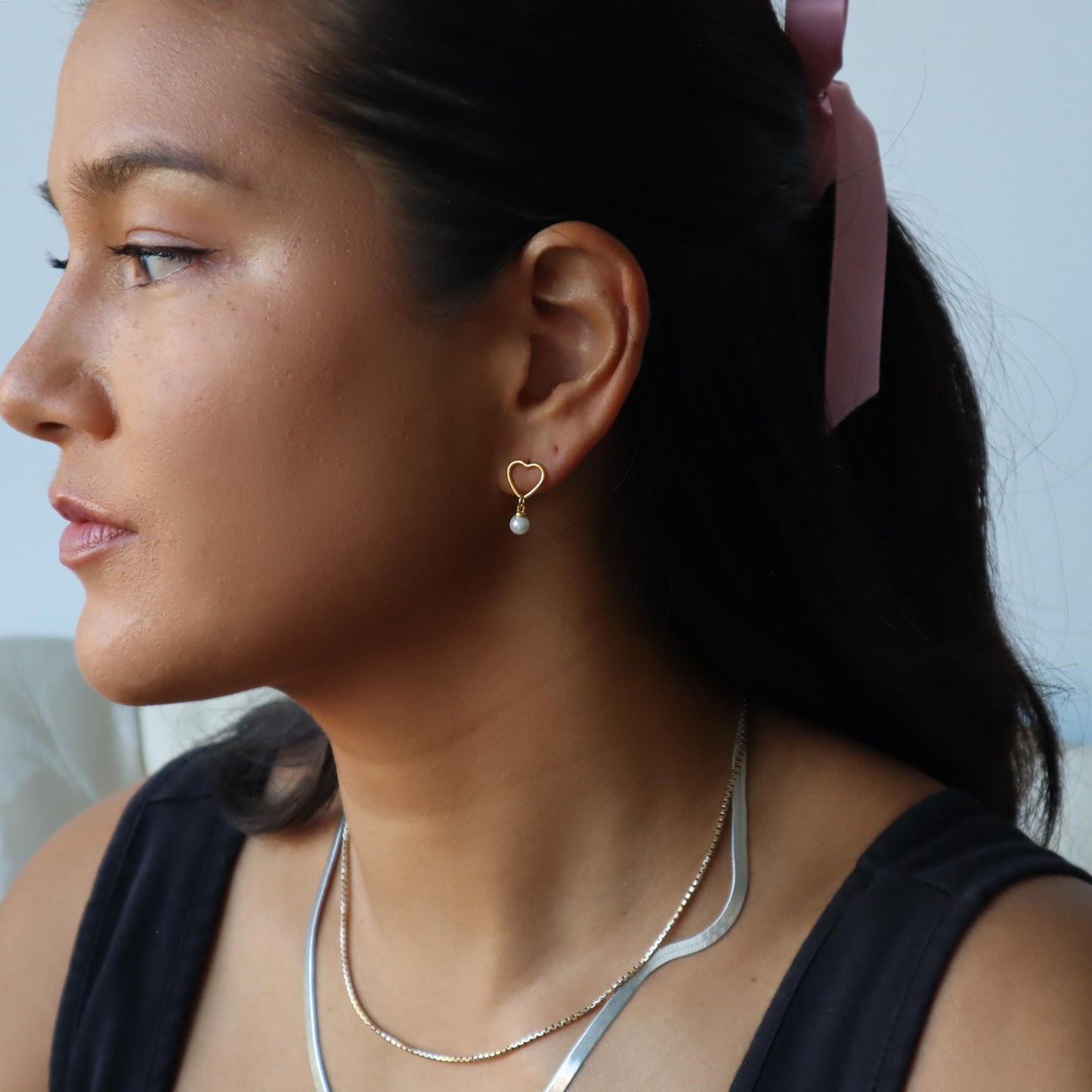 WaterProof-Pearl Drop Earrings, Heart Dangle Earrings with Pearls, Bridesmaid Earrings, Gift for Her