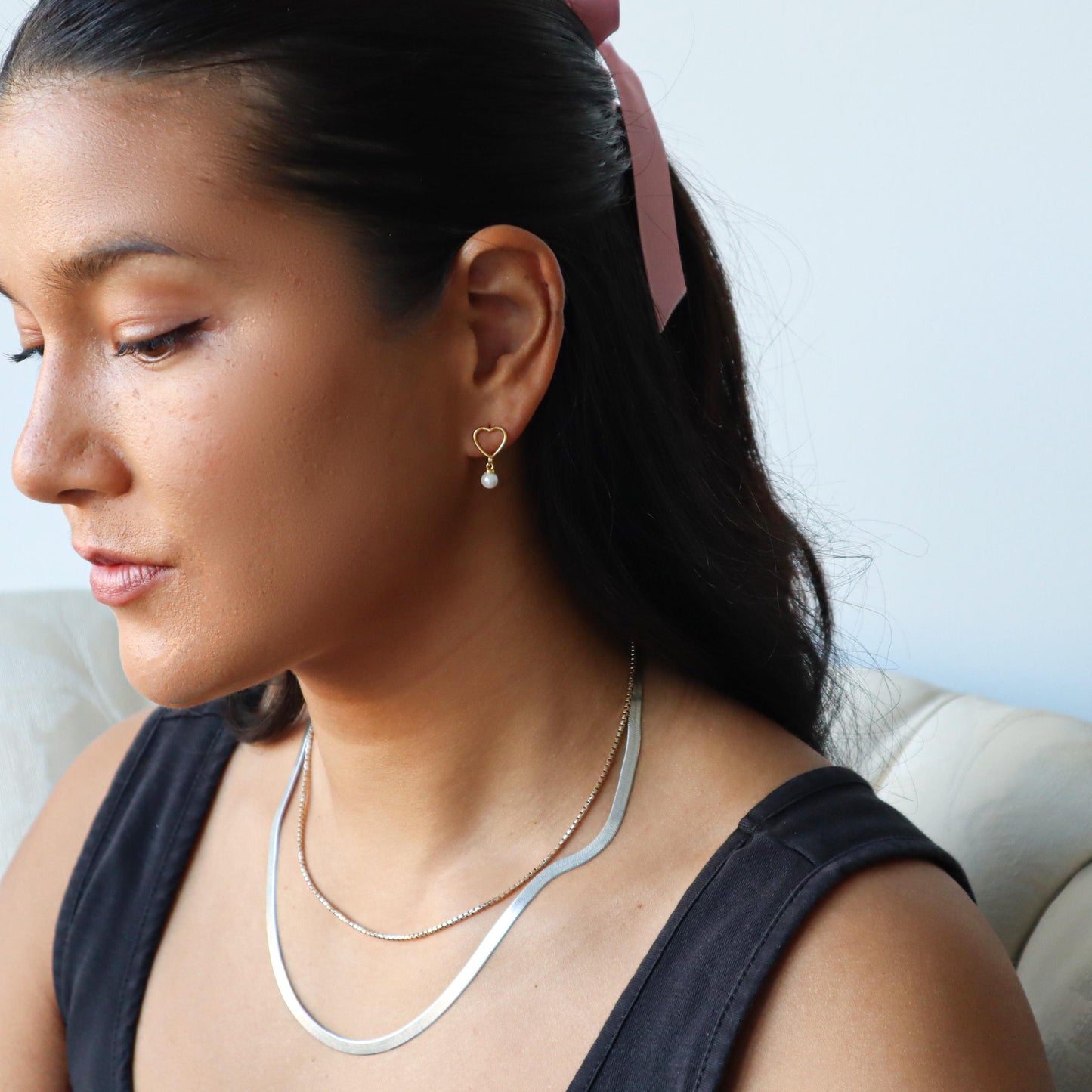 WaterProof-Pearl Drop Earrings, Heart Dangle Earrings with Pearls, Bridesmaid Earrings, Gift for Her