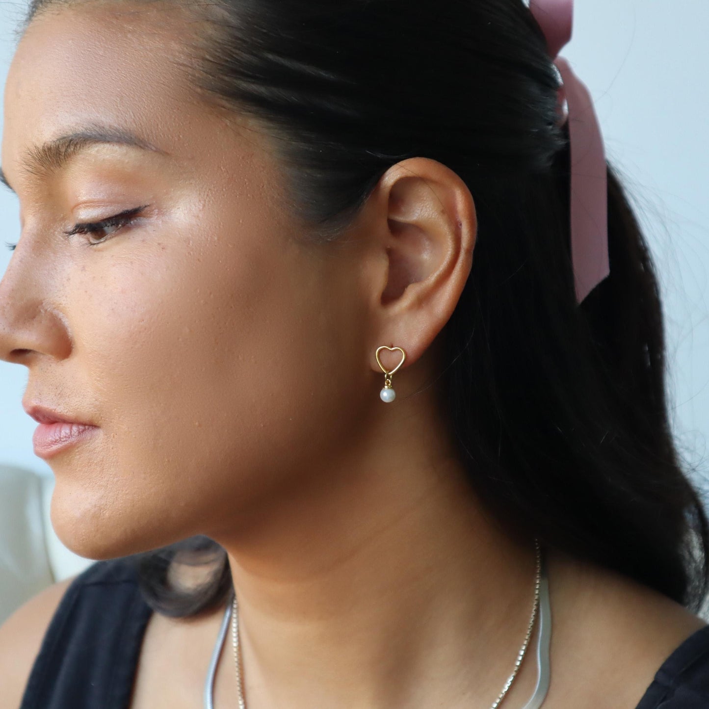 WaterProof-Pearl Drop Earrings, Heart Dangle Earrings with Pearls, Bridesmaid Earrings, Gift for Her