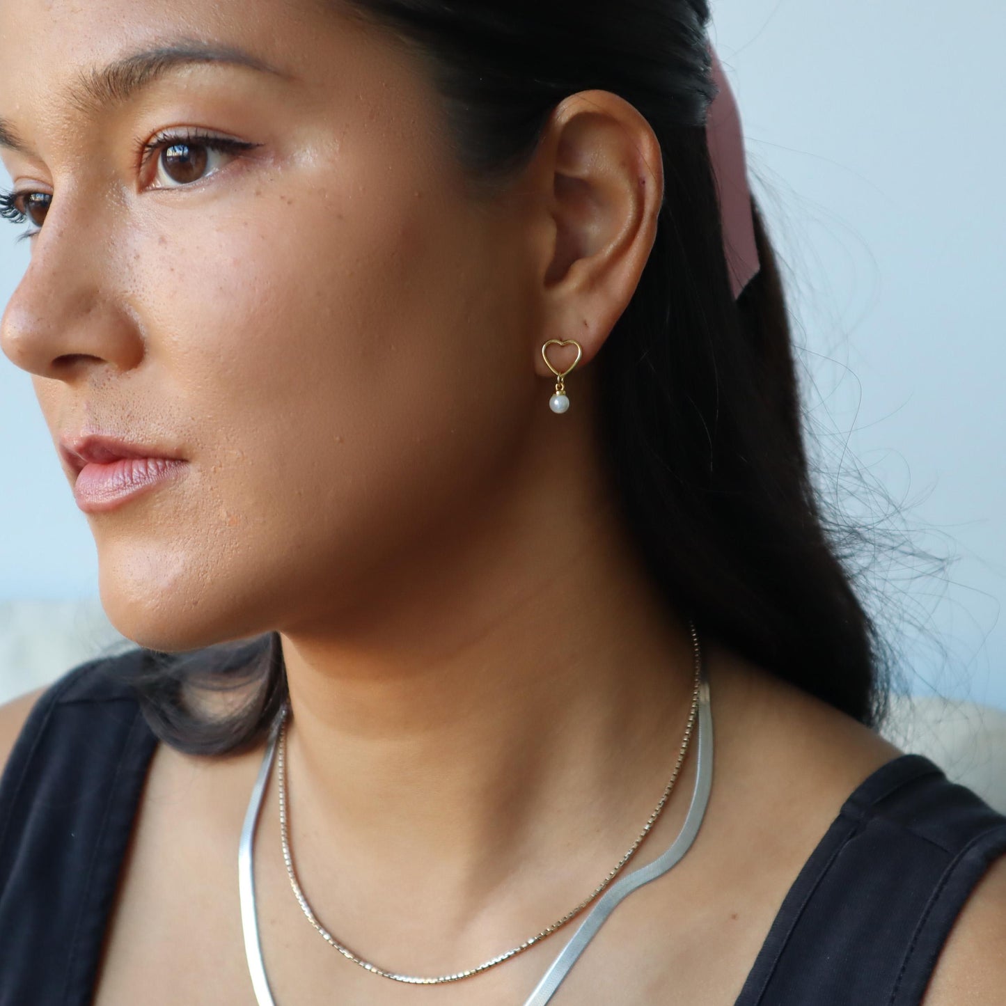 WaterProof-Pearl Drop Earrings, Heart Dangle Earrings with Pearls, Bridesmaid Earrings, Gift for Her