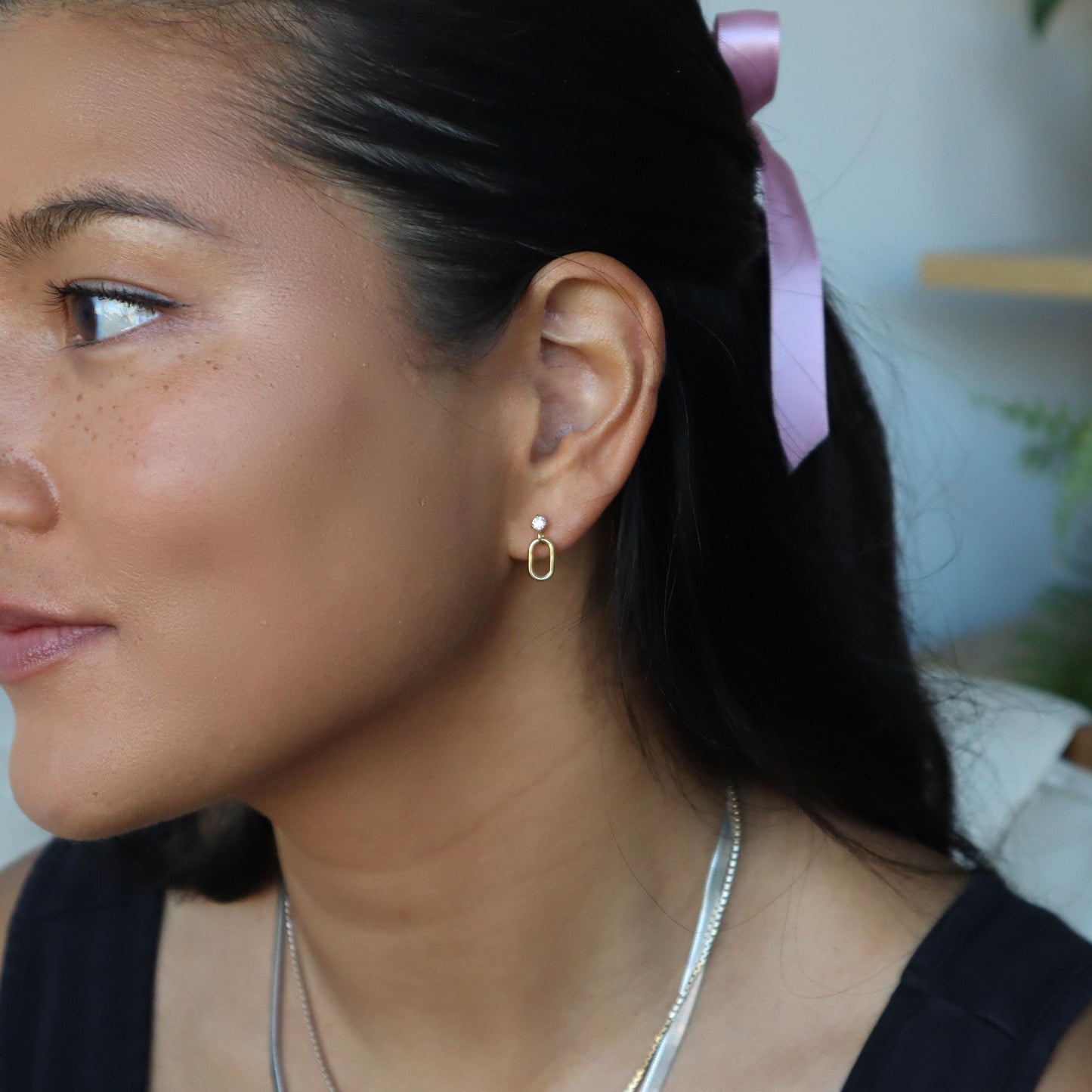 WaterProof-Dainty Drop Stud Earrings, Oval Stud earring, Dangle Stud earring, sterling silver earring, gold-plated stud earring