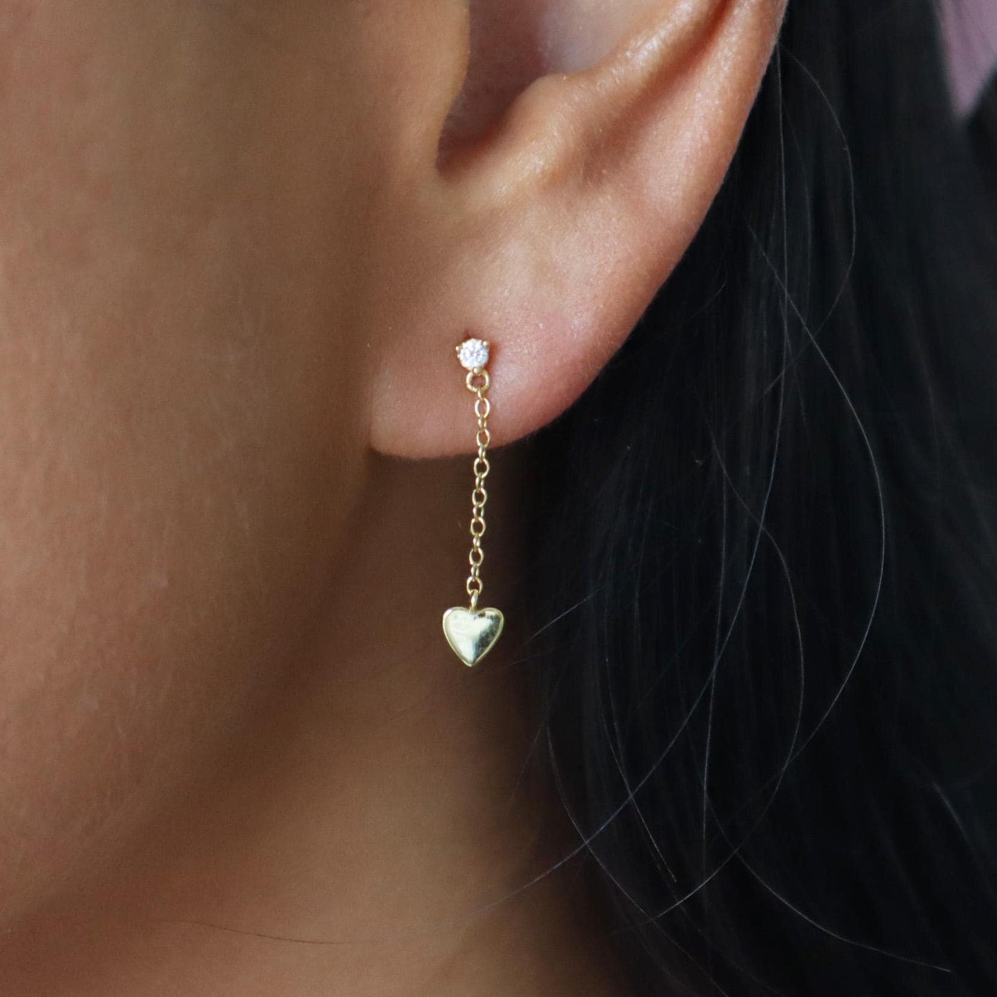 Waterproof- heart dangle Stud, 18k gold sterling silver tiny stud earrings, gift for her, gift ready