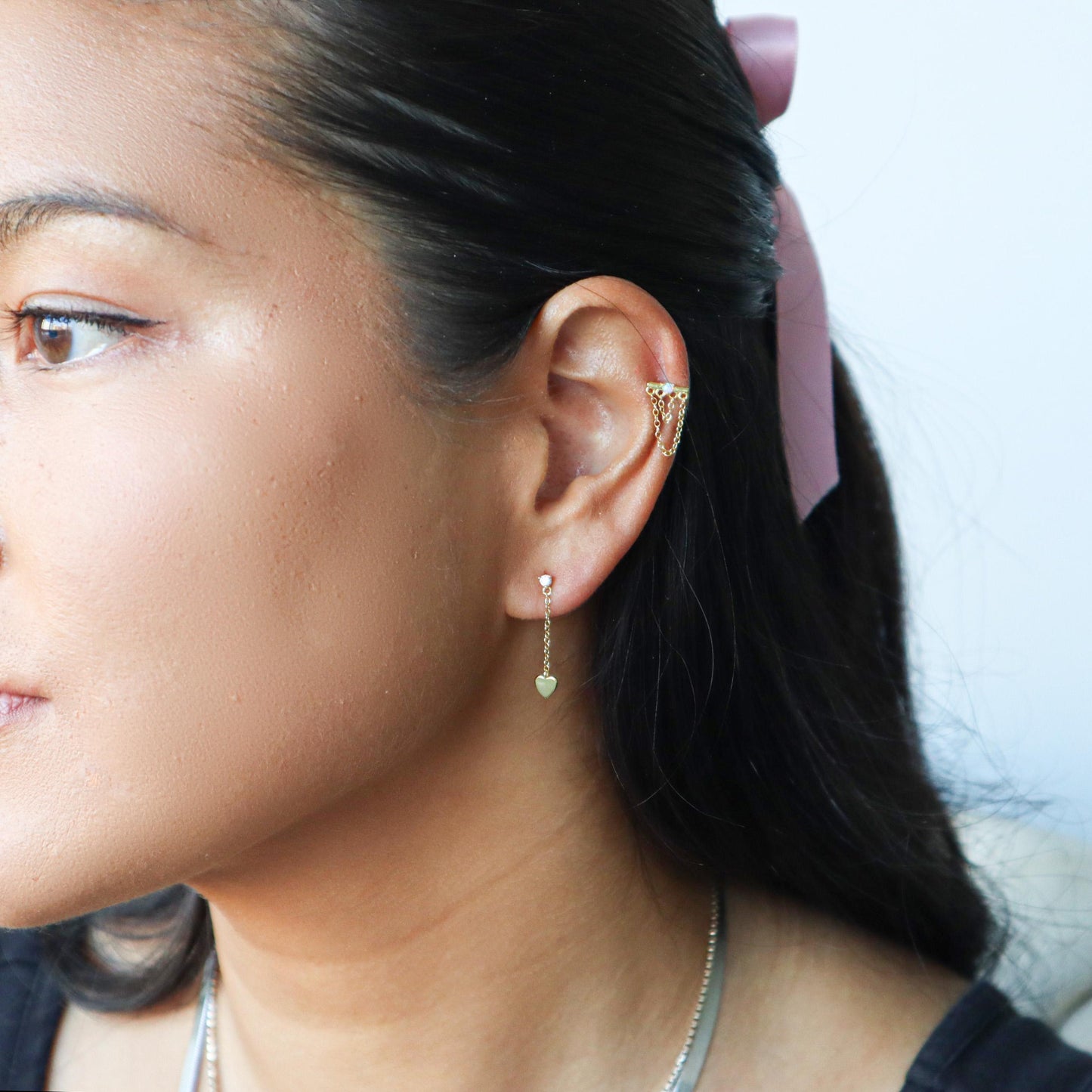 Waterproof- heart dangle Stud, 18k gold sterling silver tiny stud earrings, gift for her, gift ready