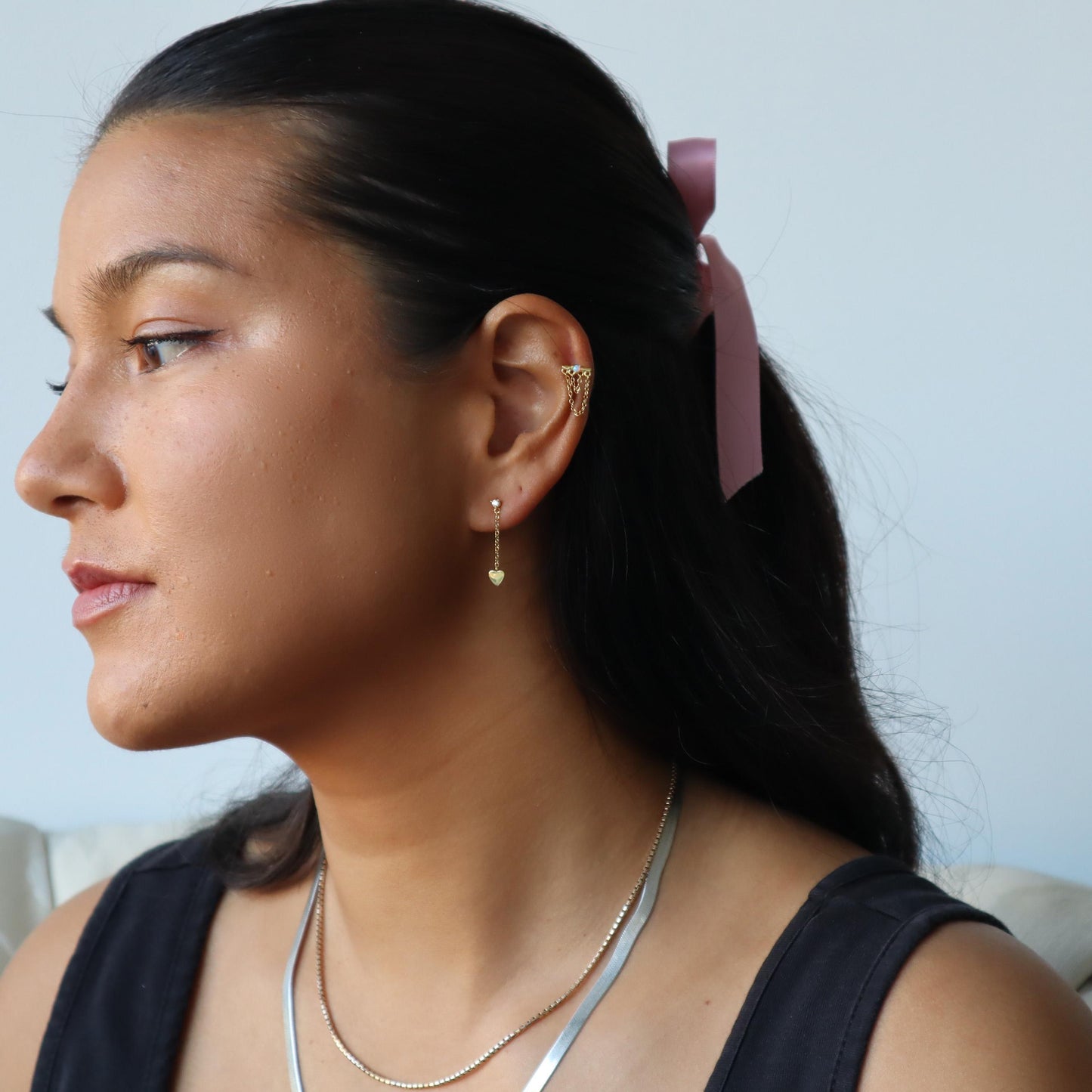 Waterproof- heart dangle Stud, 18k gold sterling silver tiny stud earrings, gift for her, gift ready