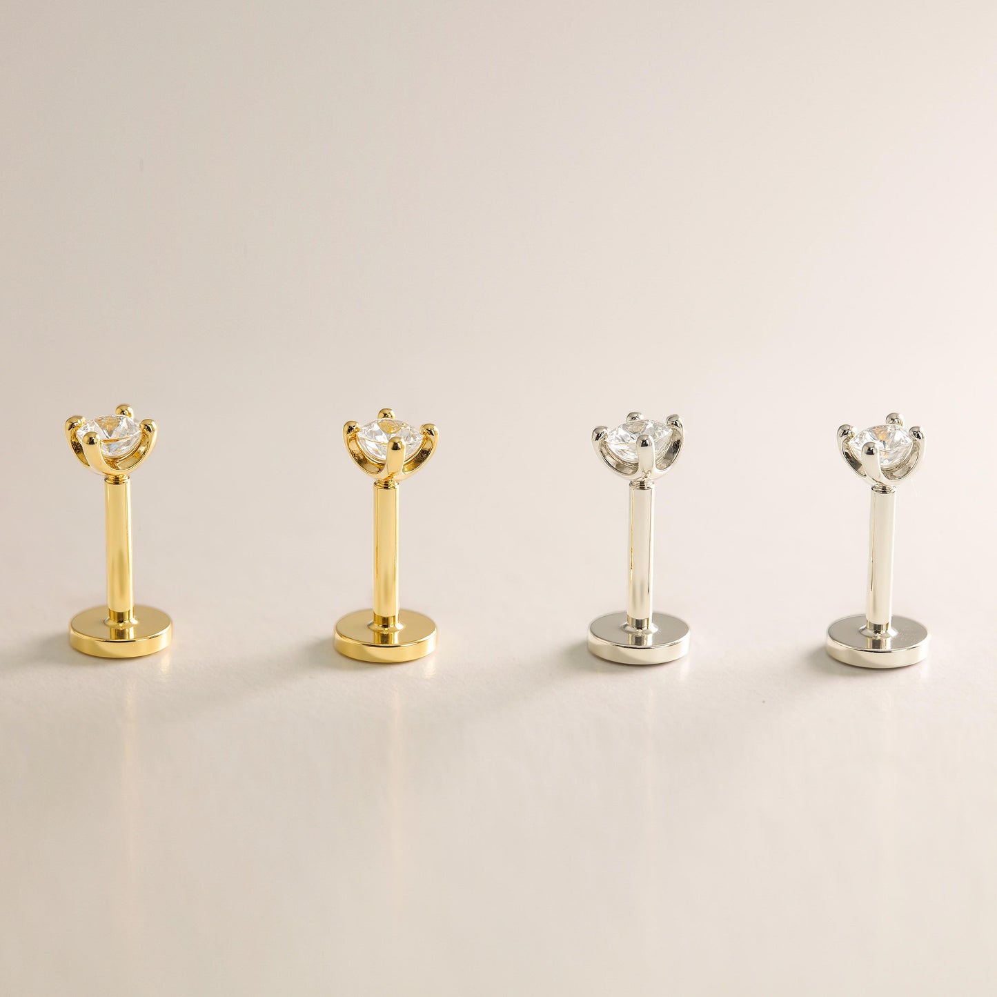 WaterProof-18G Threadless Gold Push Pin Labret Stud • Solid 925 Sterling Silver • Tragus Stud • Flat Back Earring • Helix • Conch