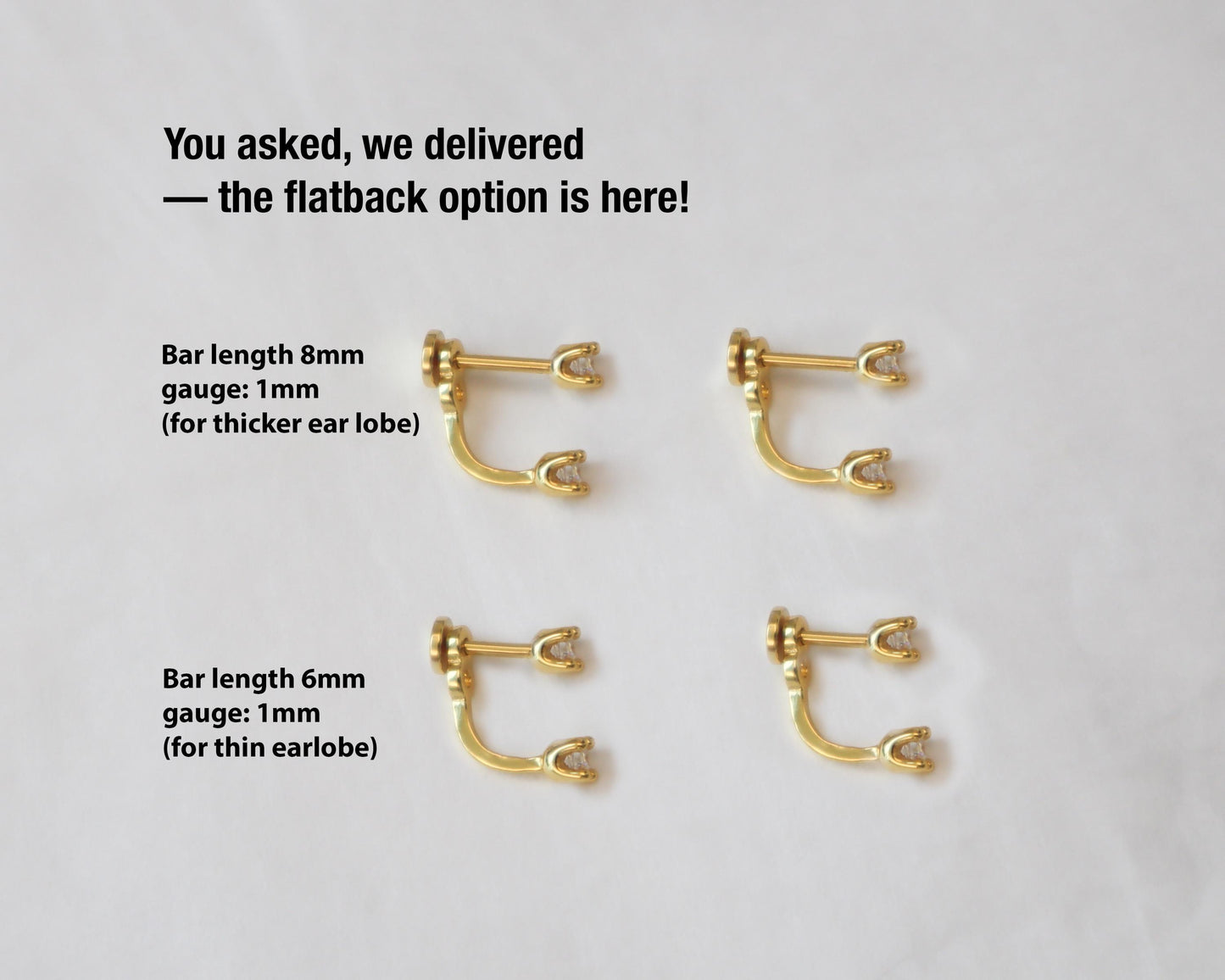 WaterProof-18k Gold/sterling silver Double Stud Front Back Earrings, Ear Jacket, flat back Studs, cartilage helix stud