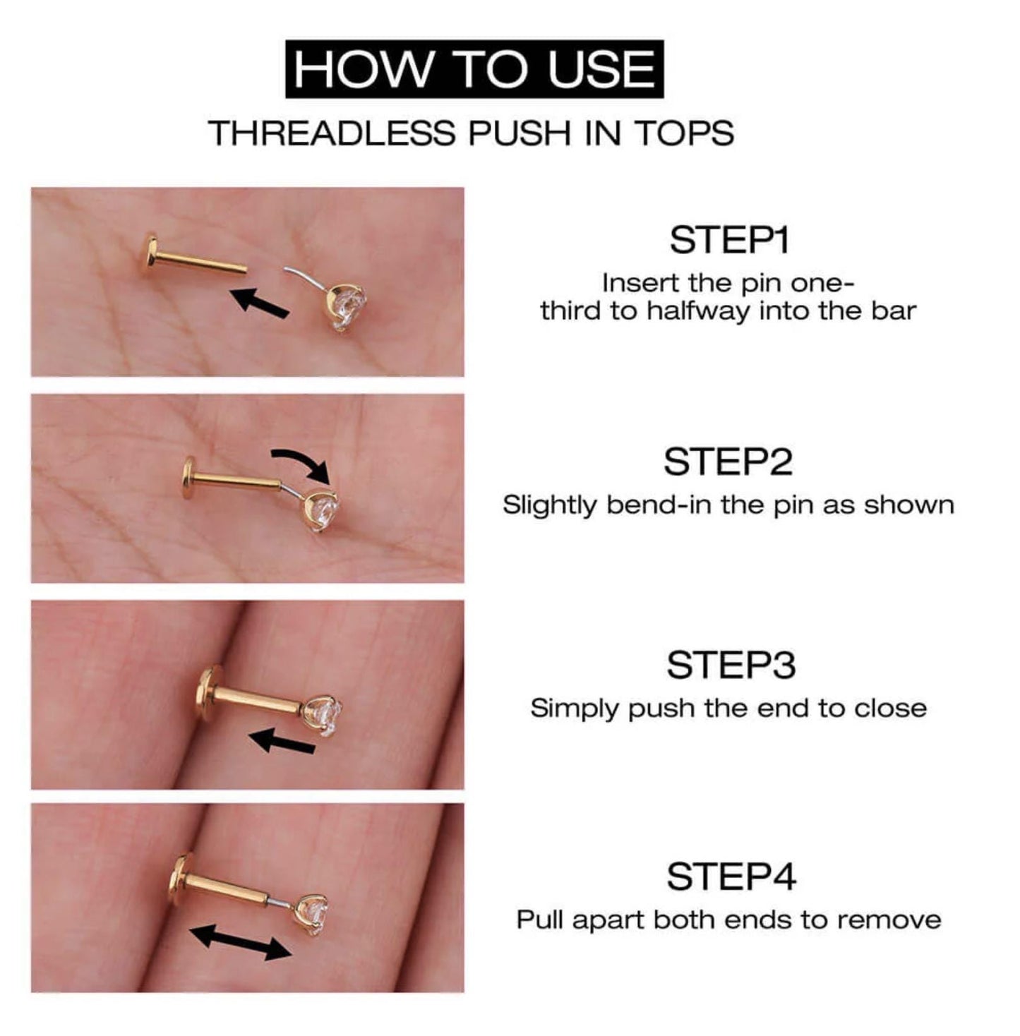 WaterProof-18G Threadless Gold Push Pin Labret Stud • Solid 925 Sterling Silver • Tragus Stud • Flat Back Earring • Helix • Conch