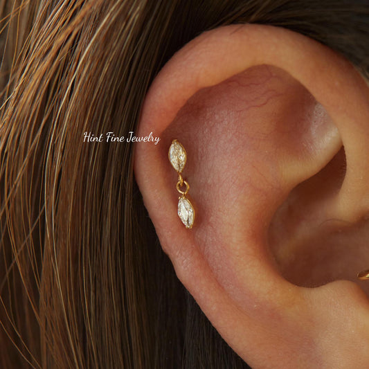 16G G23 Titanium Marquise Dangle Internally Threaded Labret • tragus stud • conch earrings • cartilage helix stud • flat back labret stud