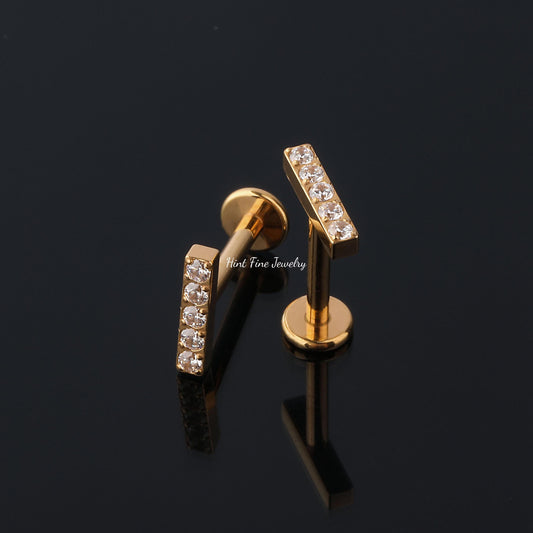 16G G23 Titanium Pave Bar Internally Threaded Labret • tragus stud • conch earrings • cartilage helix stud • flat back labret stud