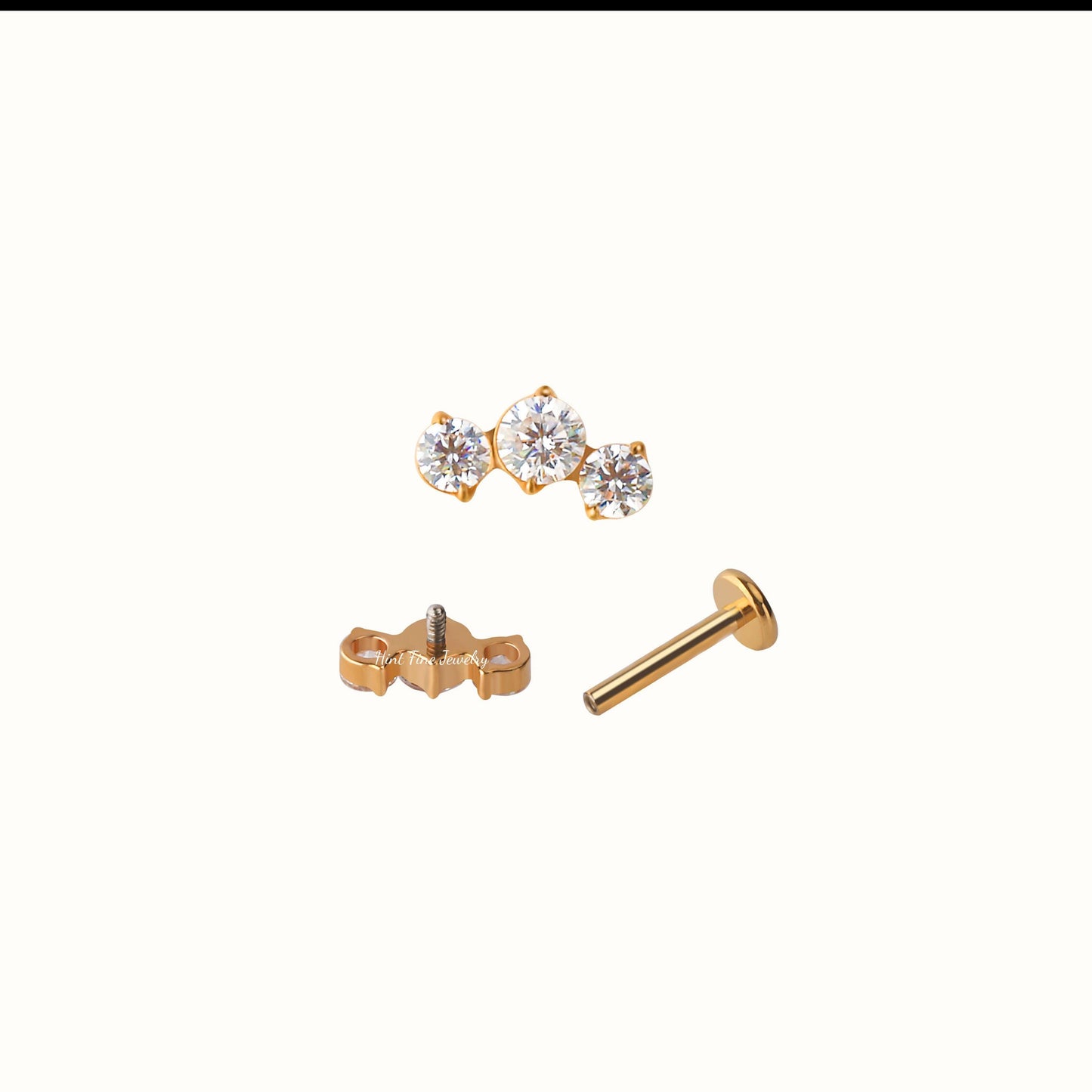 WaterProof-16G G23 Trio Climber Internally Threaded Labret • tragus stud • conch earrings • cartilage helix stud • flat back labret stud