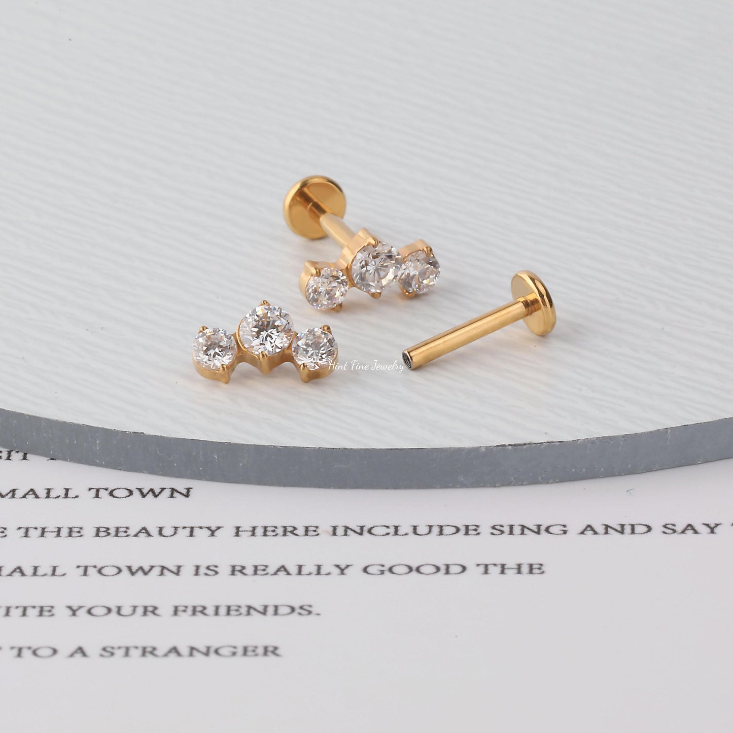 WaterProof-16G G23 Trio Climber Internally Threaded Labret • tragus stud • conch earrings • cartilage helix stud • flat back labret stud