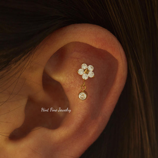 16G G23 Titanium flower Dangle Internally Threaded Labret • tragus stud • conch earrings • cartilage helix stud • flat back labret stud