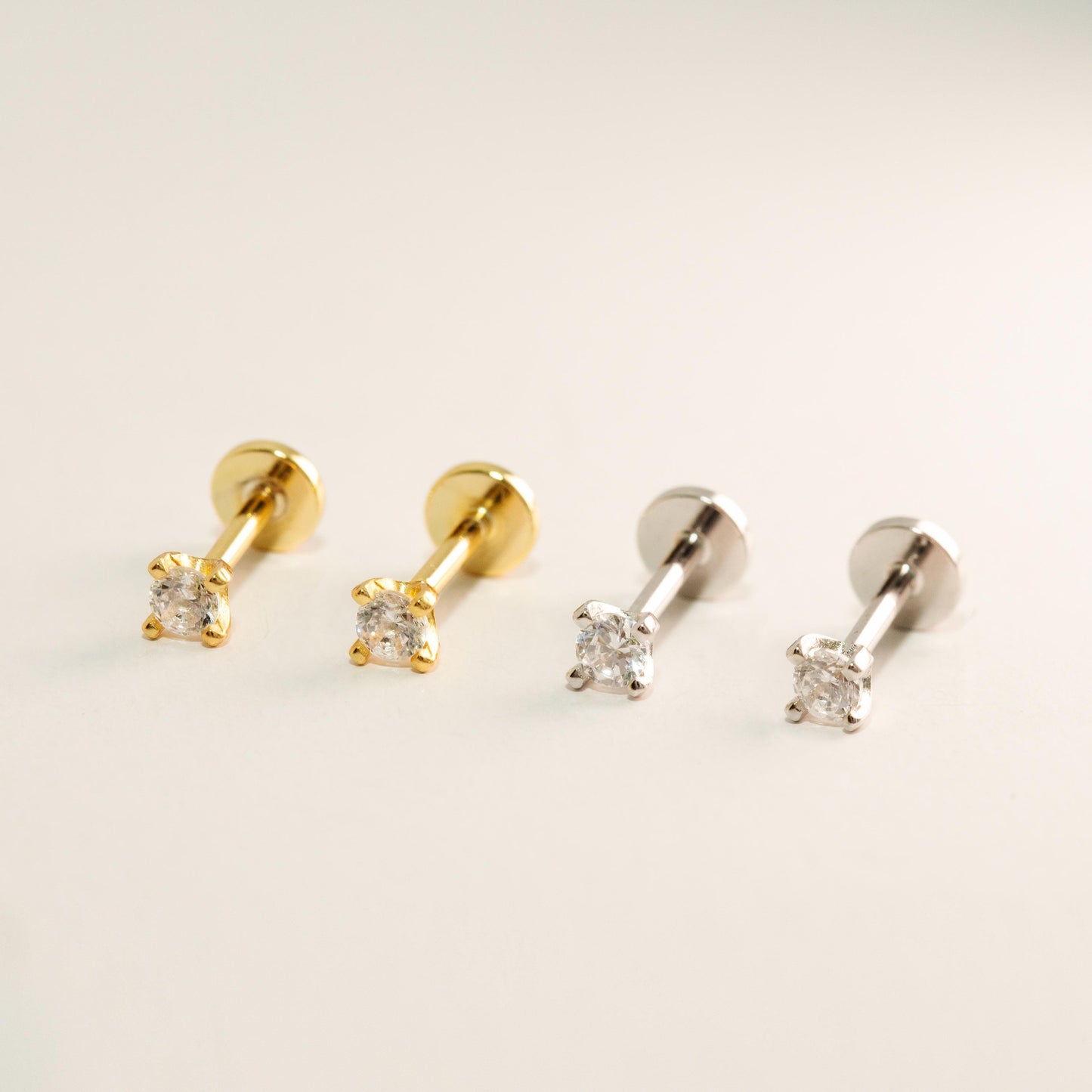 WaterProof-18G Threadless Gold Push Pin Labret Stud • Solid 925 Sterling Silver • Tragus Stud • Flat Back Earring • Helix • Conch