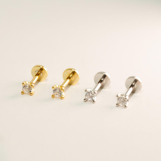 WaterProof-18G Threadless Gold Push Pin Labret Stud • Solid 925 Sterling Silver • Tragus Stud • Flat Back Earring • Helix • Conch
