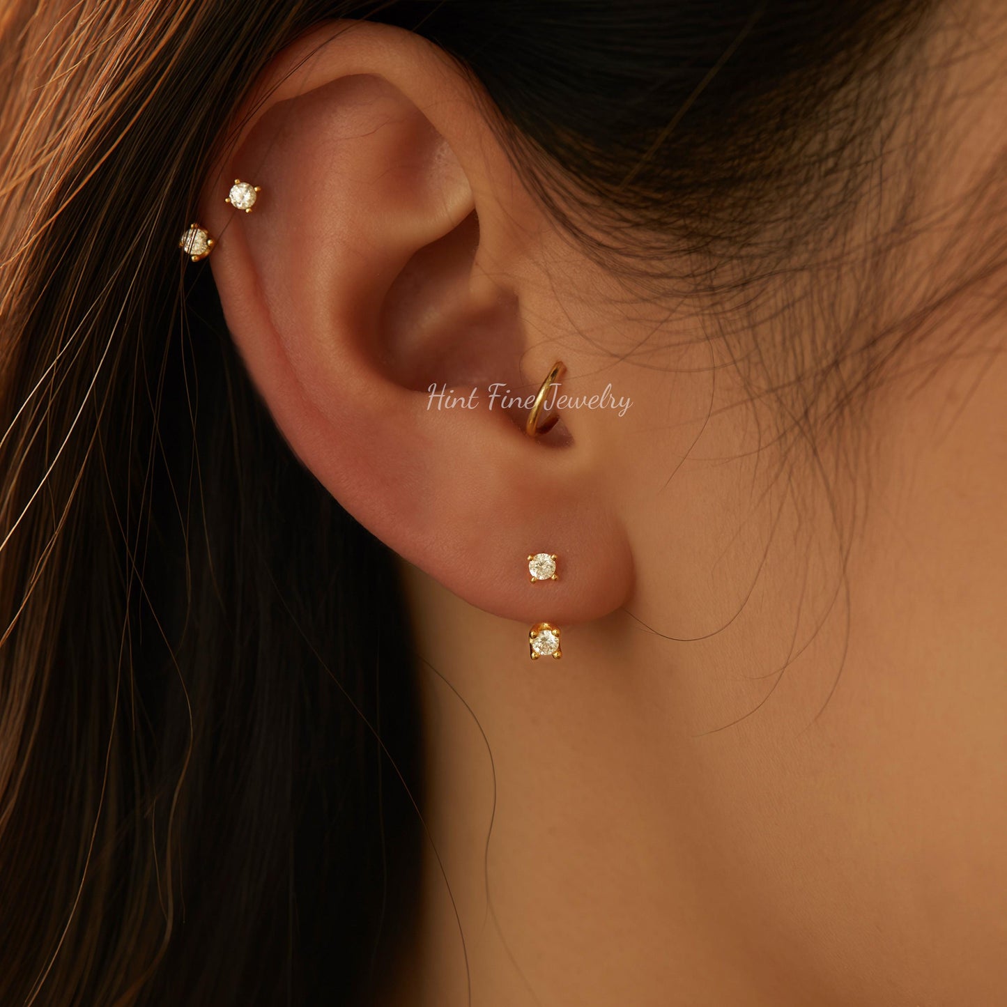 WaterProof-18k Gold/sterling silver Double Stud Front Back Earrings, Ear Jacket, flat back Studs, cartilage helix stud