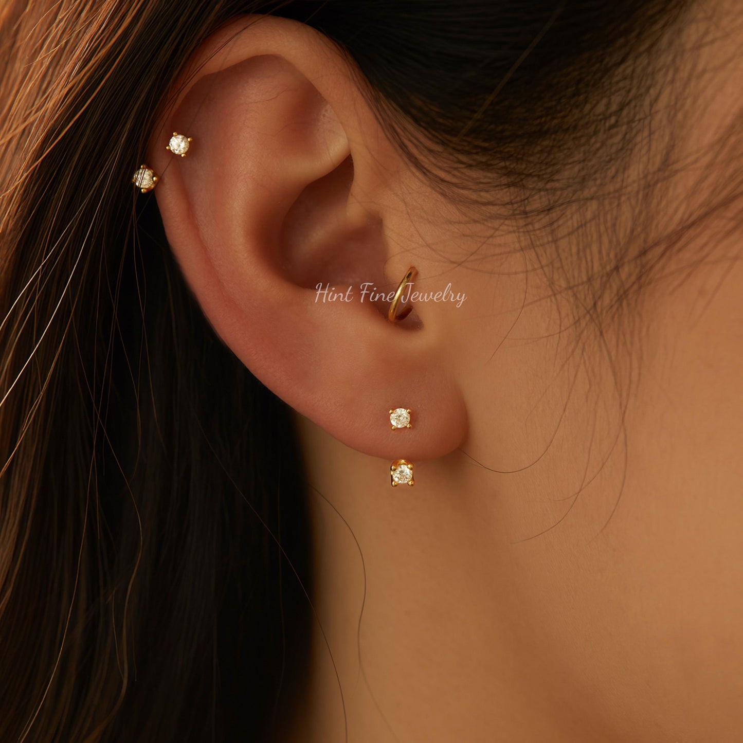 WaterProof-18k Gold/sterling silver Double Stud Front Back Earrings, Ear Jacket, flat back Studs, cartilage helix stud