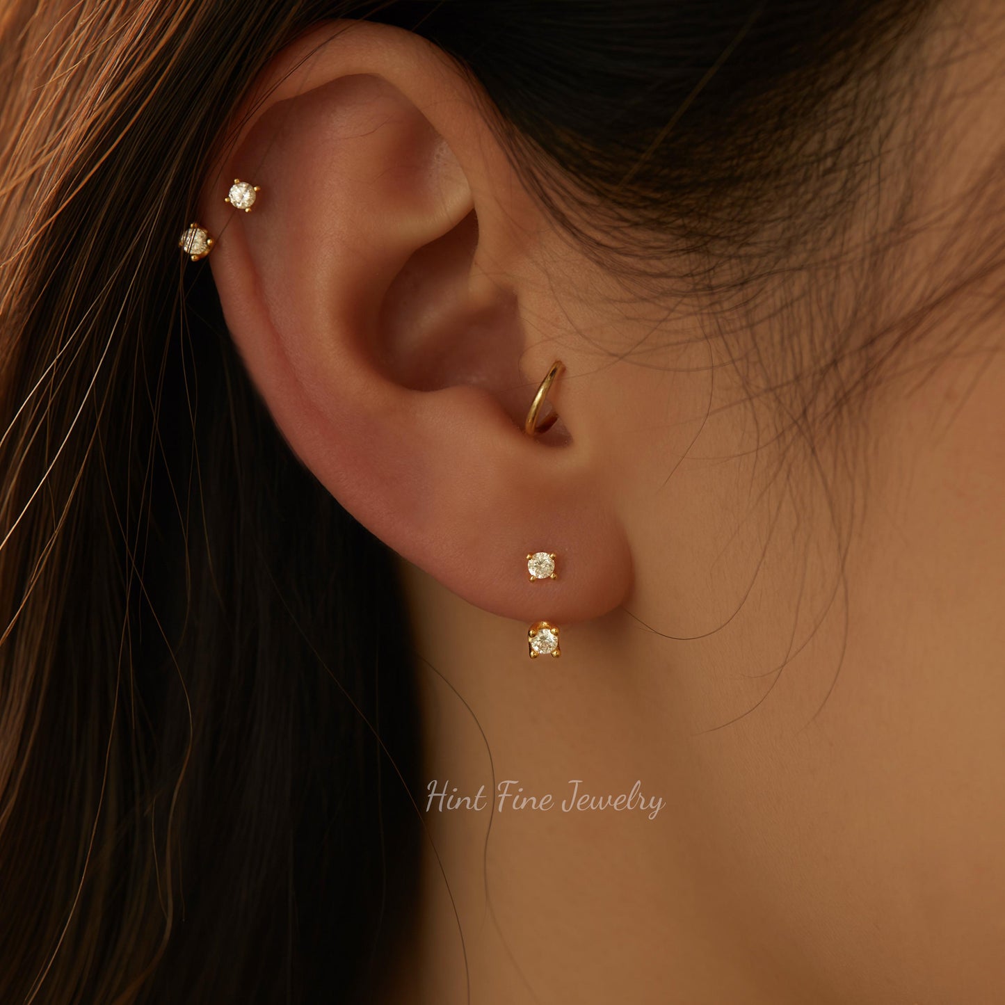 WaterProof-18k Gold/sterling silver Double Stud Front Back Earrings, Ear Jacket, flat back Studs, cartilage helix stud