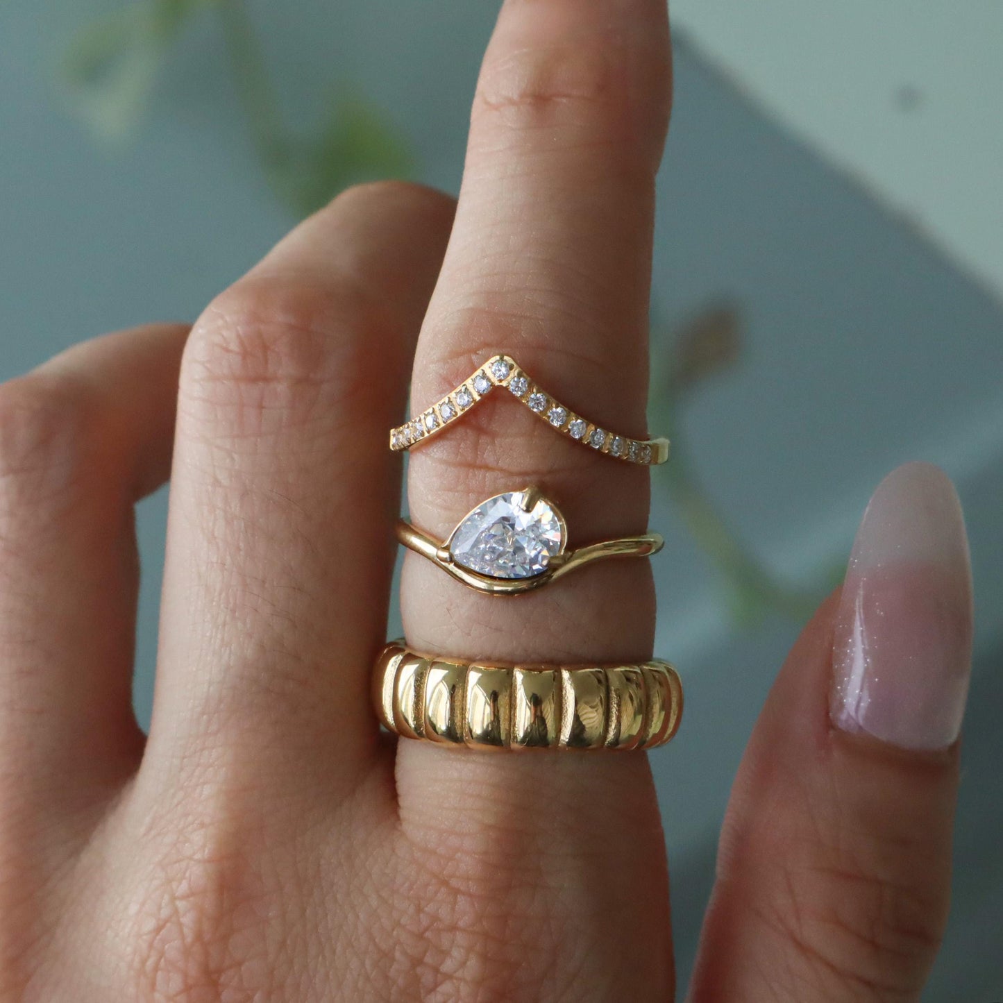 WaterProof- Pear cut diamond ring, statement ring, dome ring, Gift for her, Boho Rings, stackable ring, vintage style ring